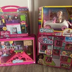 Barbie Pets Spa Day, Chelsea Skate Park, Chelsea Unicorn Toy Car, Pets Deluxe Pet Surprise Toys 