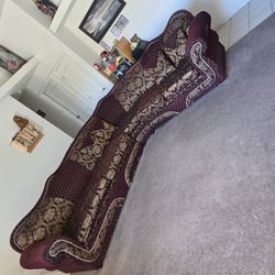 Burgundy and Gold Damask Curved Sectional Sofa