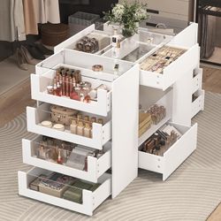 Closet Island with Drawers, Wardrobe Armoire Bedroom Island, Glass Display Shelf & 12 Drawers, White Dresser with Glass Top, Walk-in Closet Island for