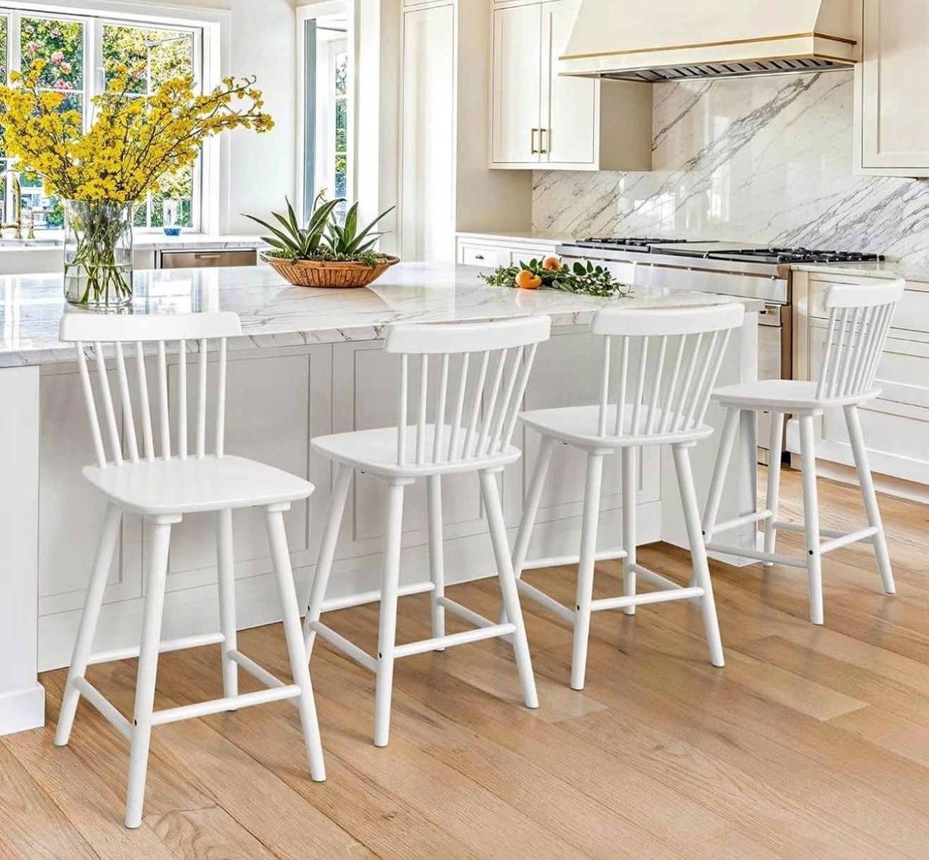 Windsor Wooden White Bar Stools Set of 4, 24 Inch