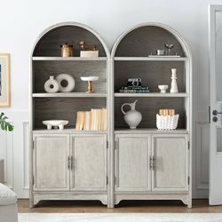 71" Wood Arched Storage Cabinet | Freestanding Pantry with Doors | Vintage Bookcase for Kitchen, Living Room, Home Office | Natural Wood Veneers