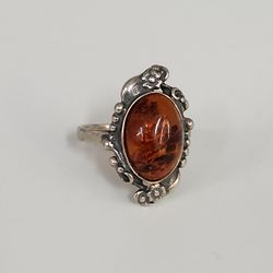 Vintage Sterling Silver Ornate Ring With Large Oval Amber Stone Handmade Floral