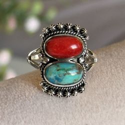 Red Carnelian & Turquoise Ring  925 sterling silver (size 7 3/4 )