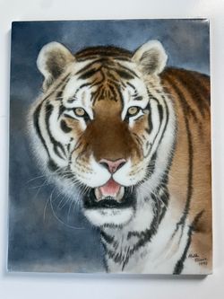 Vintage Tiger Hand painted Ceramic Tile Art 10x8 Signed 1990