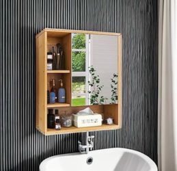 New assembled Bathroom Mirror Cabinet Wall Mounted, Bamboo Space Saver Medicine Cabinet, Wall Hanging Over Toilet Storage Cabinet with Mirror Door and