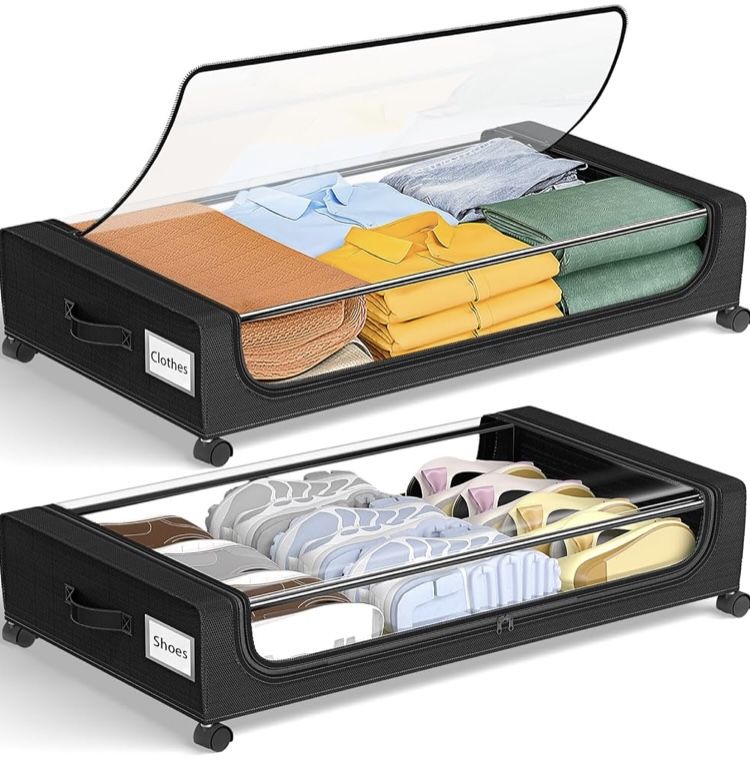 GoMaihe Under Bed Storage with Wheels: XXL Underbed Storage Containers with Clear Lids - Rolling Drawers & Bins for Shoes Clothes in Dorm Bedroom - Sp