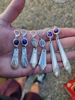 Spoon Earrings Hand Crafted Crystals Silver Antique 