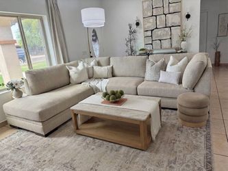 Large Beige Fabric Sectional Sofa with Chaise