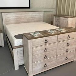 Willowton Whitewash Panel Bedroom Set Bed, Dresser, Mirror, Nightstand, Chest 