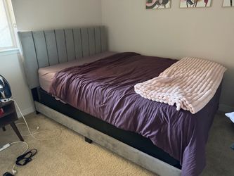 Gray Velvet Upholstered Bed Frame with Headboard