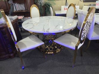 Brand new 54" x 30"H round real marble dining table table with gold finish and 4 white chairs