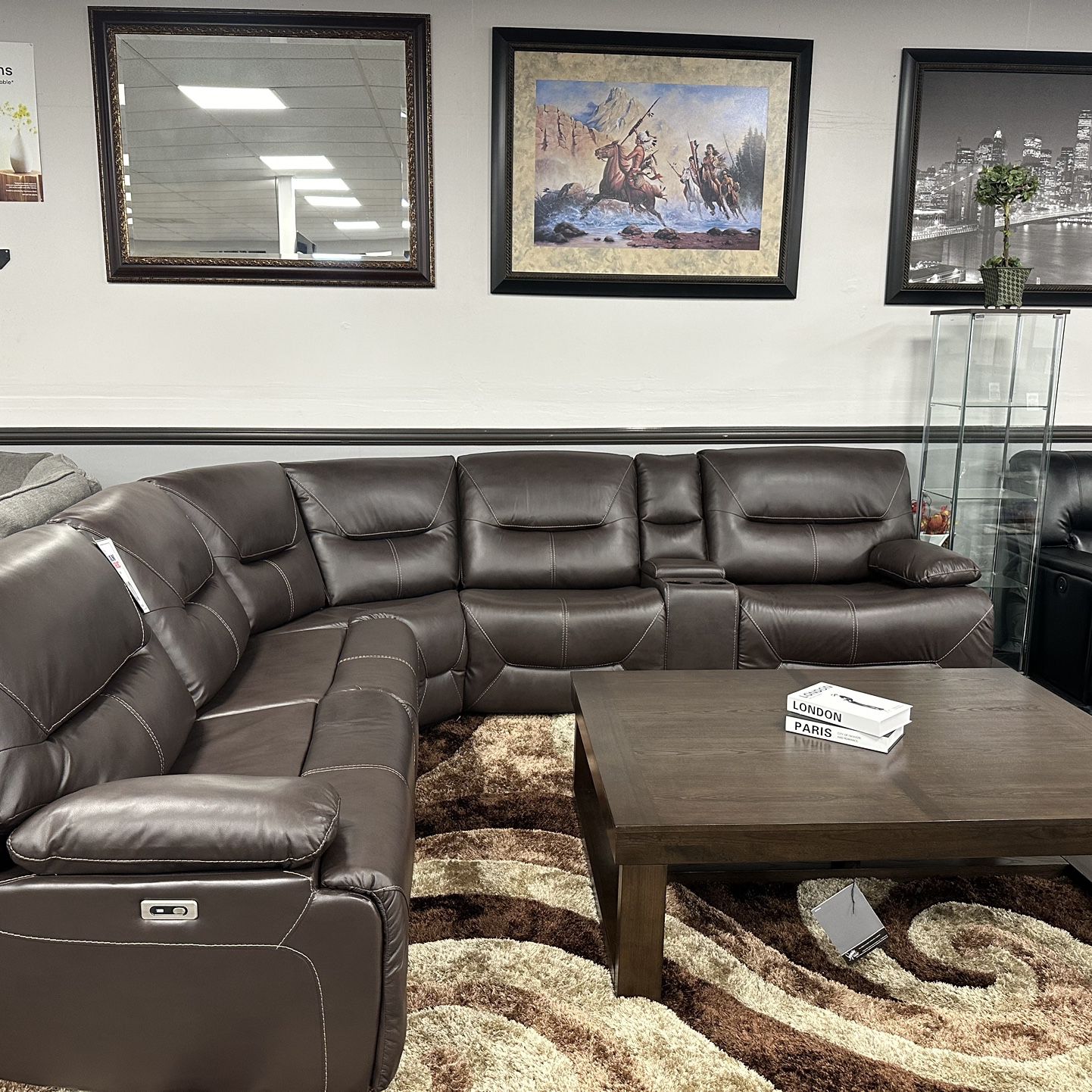 Brown Leather Sofa Sectional w/ 3x Power Recliners