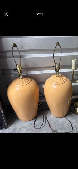 1980s Modernist or Art Deco influence : Peach, apricot, glaze. Lamp pair