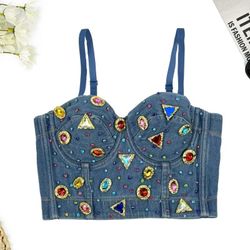 Women's Colorful Rhinestone Denim Tank Top Bustier or St. Raine Gemstone bustier. 