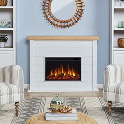 White Shiplap & Oak Veneer For Electric Fireplace 