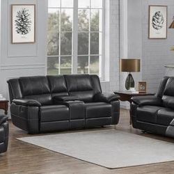 Motion Sofa In Black Leatherette with Drop-Down Console! SUPER SALE!