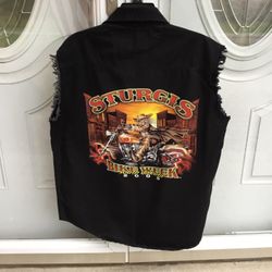 Sturgis Bike Week 2005 South Dakota Sleeveless Button Front Shirt Skeleton Biker