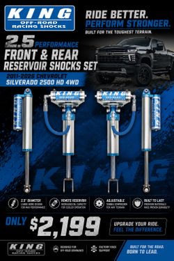 King Shocks 2.5 Performance Front & Rear Reservoir Shocks Set 2011-2026 Chevrolet Silverado 2500 HD 4WD