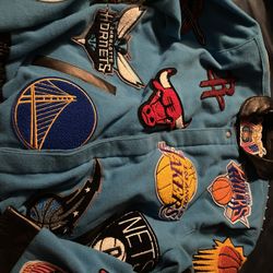 NEW Jeff Hamilton NBA Team Logo Patch Wool Leather Jacket Baby Blue Mens Size Medium
