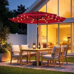 New In Box 9 Feet 3 Tier Tilt Crank Outdoor Patio Umbrella With Solar LED  Light Dark Red Color Stand Is Not Included 