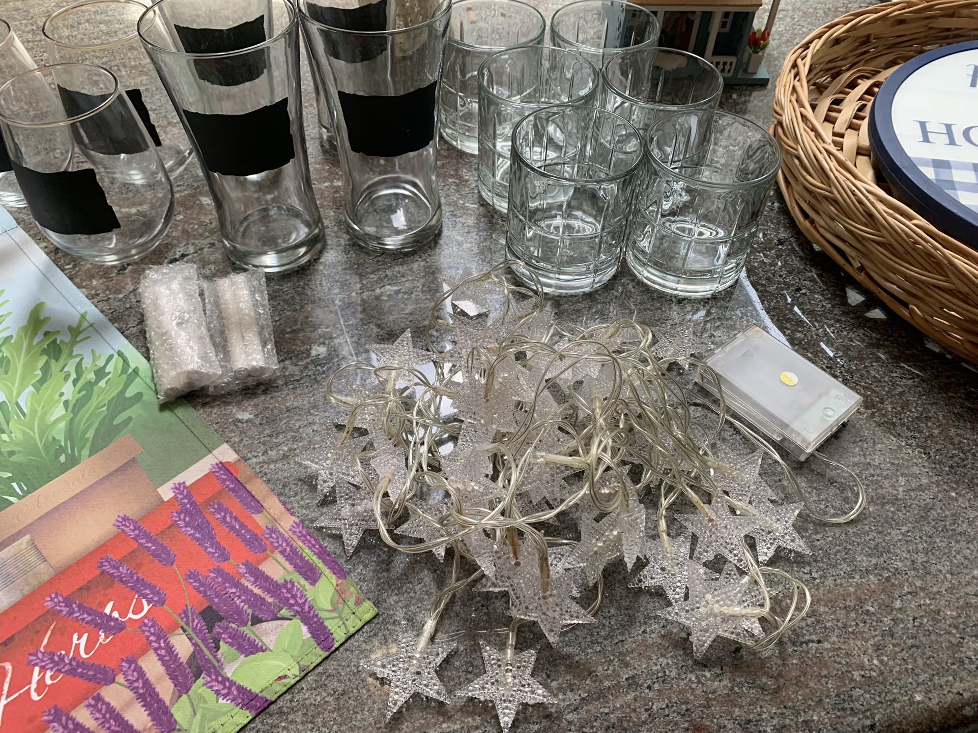 Home Decor Lot , Lamp, Pillows, Glasses Candle, Bird House , String Lights