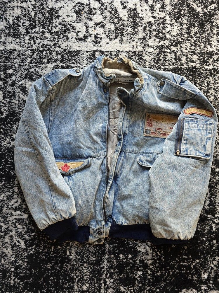 VTG Dual Control Denim Bomber Jacket Mens 80s 90s Stone Wash Grunge Sz TALLIE