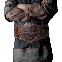 HiiFeuer Viking Embossed Wide Belt, Nordic Faux Leather Armor Belt Knight Corset Belt, LARP Costume (Brown A) 