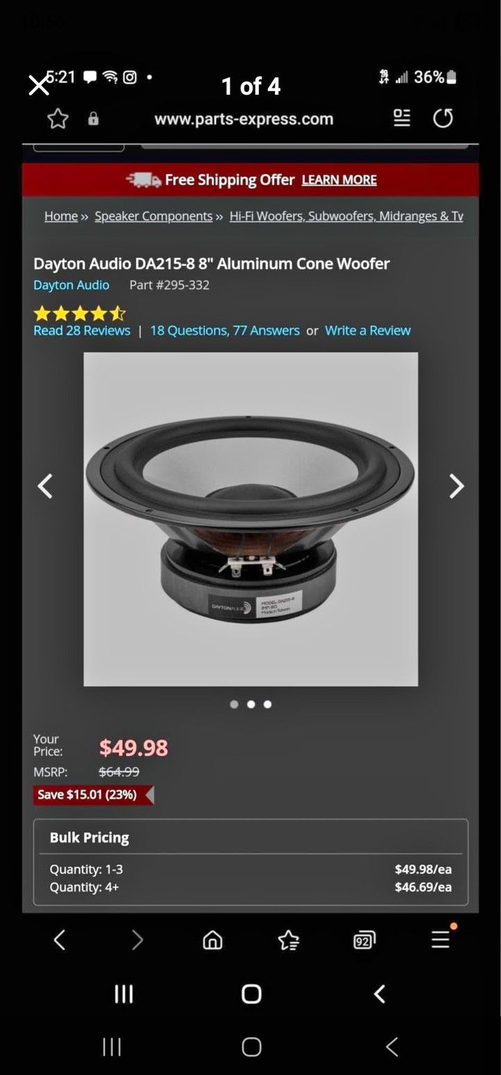 Dayton Audio DA215-8 8" Aluminum Cone Woofer