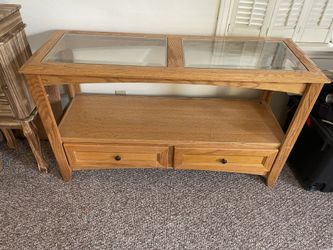 Oak Credenza With 2 Piece Glass Top and 2 Drawers.