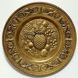 Vintage Made In England Hammered Brass Wall Plate Decor Pineapple And Fruits Design