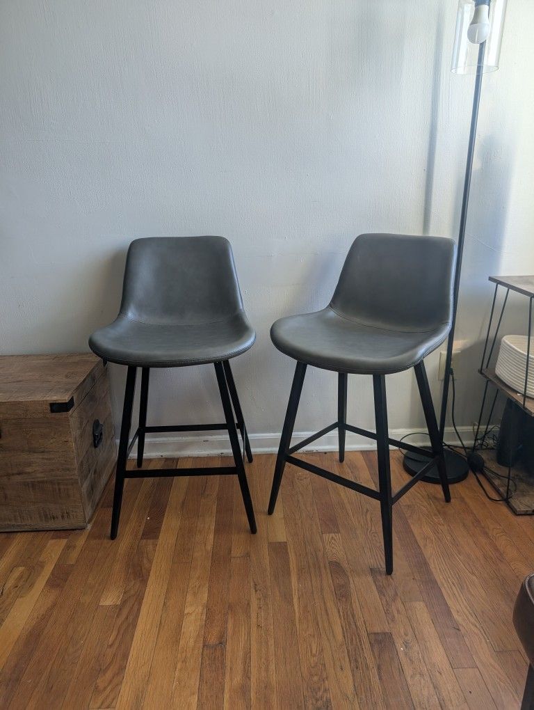 Two Gray Leatherette Counter Chairs / Bar Stools