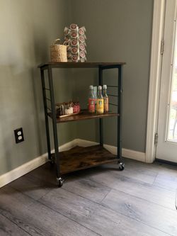 Industrial Rolling Bar Cart / Coffee Station – Wood & Black Metal