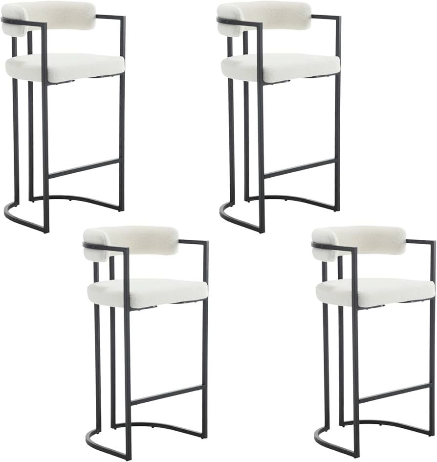 0578d 30Inch Sherpa Bar Stools Set of 4, Modern White Barrel Bar Stools with Comfy Back, Upholstered High Dining Chairs with Black Leg Boucle Kitchen 