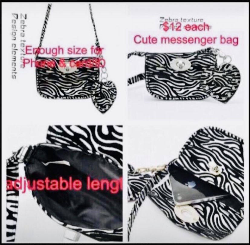 Cute sling/messenger purse. Perfect size CP, card, key. $12 Each