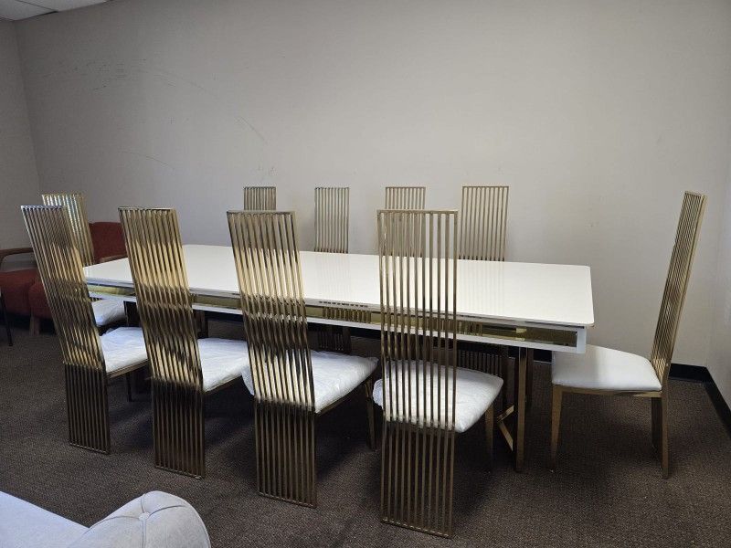 Stunning Modern Oversized Dining Table With 10 Gold Accented Chairs.