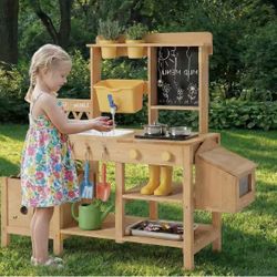 Wooden Mud Kitchen for Kids, Outdoor Play Kitchen with Real Running Water Sink, Mud Table, Gravity Water Tank, Planting Box, Critter Observation Box, 