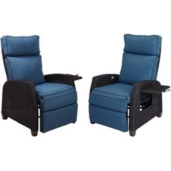 New -Grand Patio Indoor & Outdoor Recliner Chair PE Wicker Patio 150° Lay Flat Recliner, 2PCS, Peacock Blue