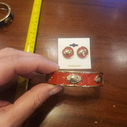 Enamel Football Bracelet and Earrings in Gold and Red by Fornash