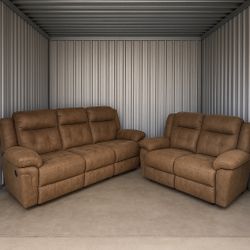 (DELIVERY π)Brown Recliners Couch And Love Seat