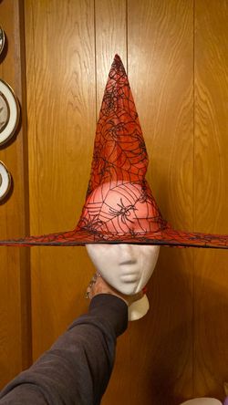 Costume for Halloween spiderwebs red orange black hat witch dancing witch hat