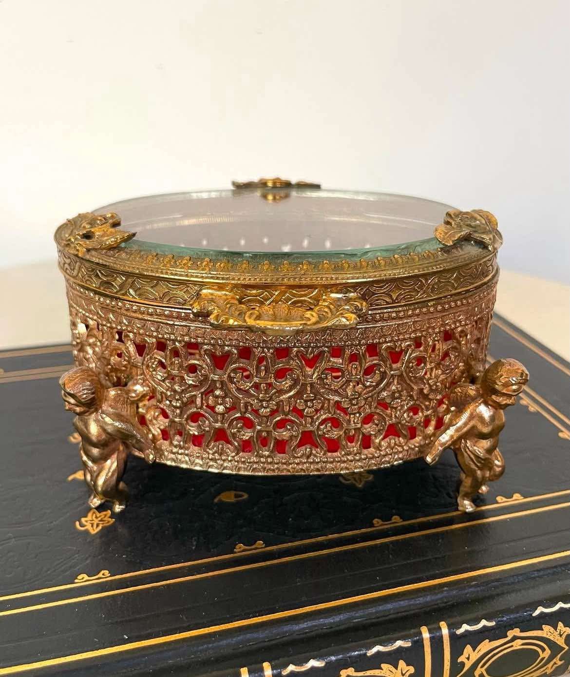 Stunning Vintage Brass Filigree Ormolu Jewelry Casket Trinket Box With Cherubs/Florals/Rare with Red Velvet Interior❤️✨