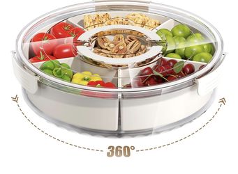 Divided Serving Tray with Lid and Handle, Large Snack Spinner, Snackle Box Container, Multi-purpose Food Platter for Charcuterie Veggie Fruit, Taco Tu