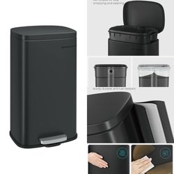 Trash Can with Lid, 8 Gallon Garbage Can, Stainless Steel Small Waste Bin with Step Pedal and Inner Bucket, Soft Close, Kitchen, Black ULTB102B01