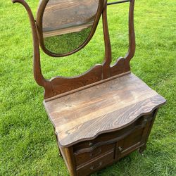 1920 s  Early American Tiger Oak Antique Small Vanity  Commode Table With Oval Mirror and side towel bar  