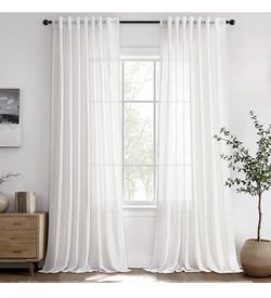 White Semi Sheer Linen Curatins 96 inches Long Back Tab Light Filtering Flax Linen Textured Curtains Modern Farmhouse Coastal Decor