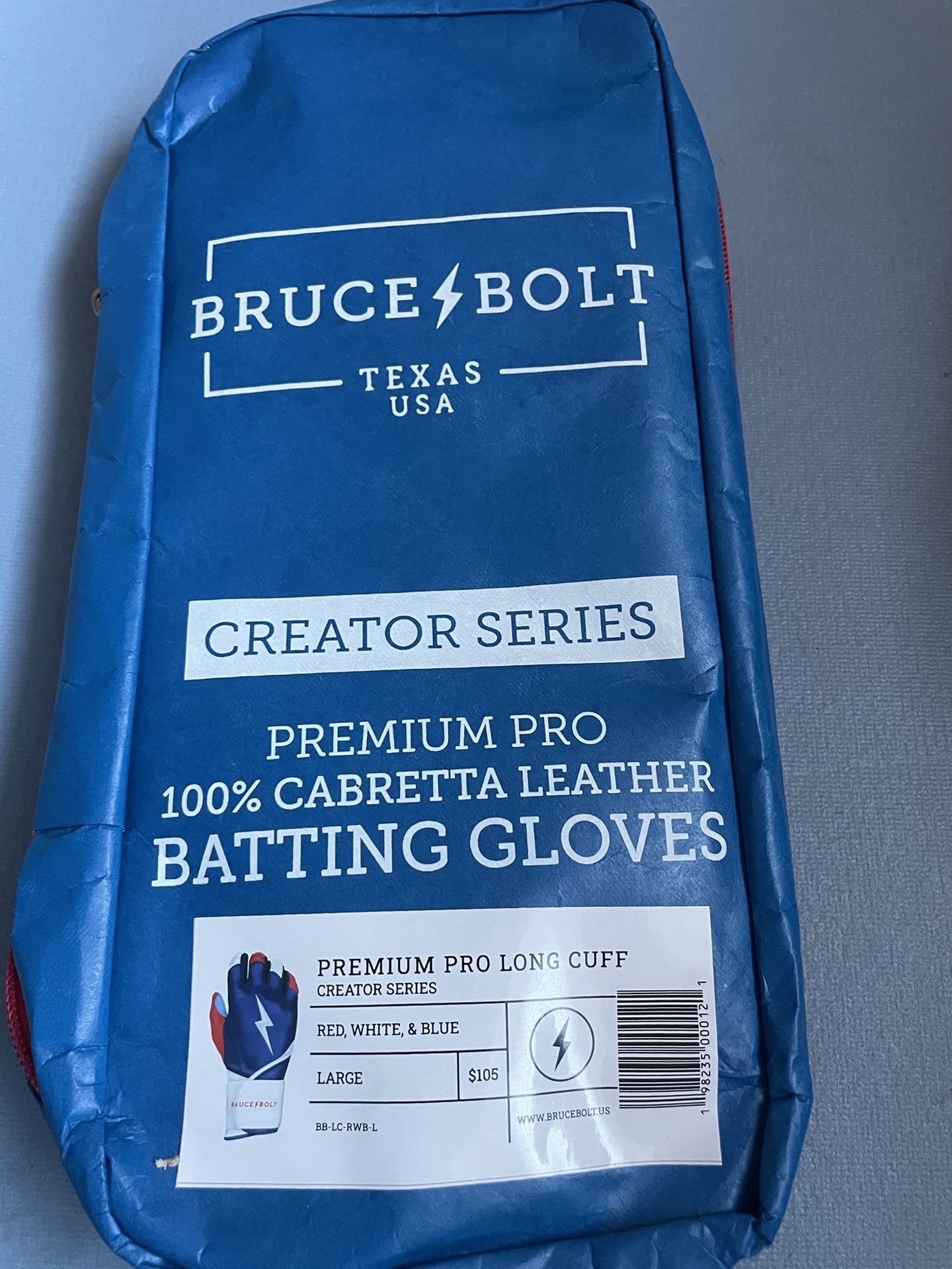 BRUCE BOLT PREMIUM PRO LONG CUFF CREATOR SERIES RED,WHITE &BLUE  BATTING GLOVES ADULT LARGE 