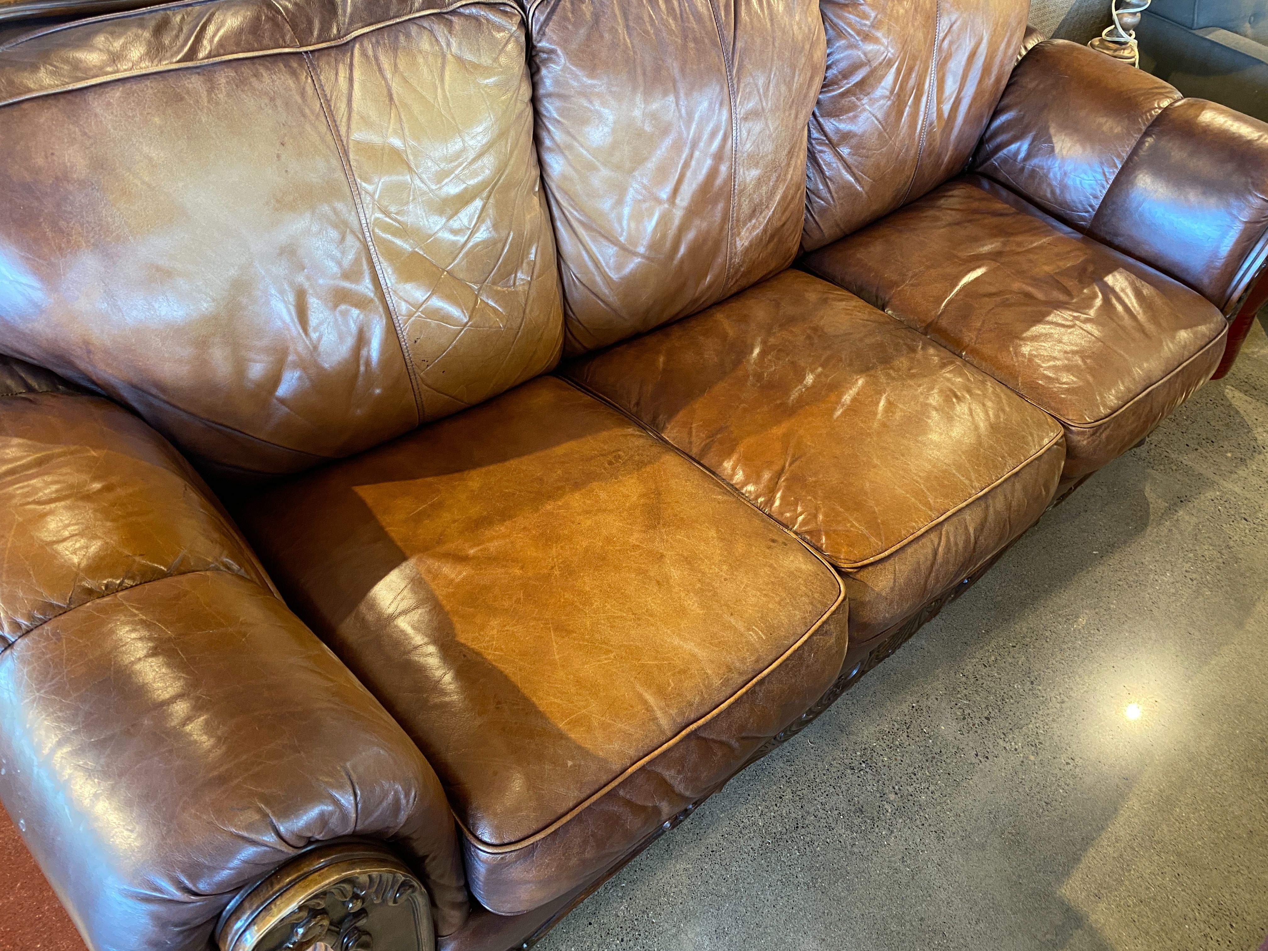 Wood Trim Leather 3 Seater Couch