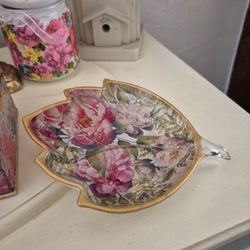 Hand designed decoupaged leaf shape dish