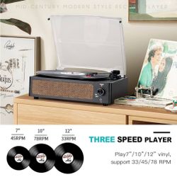Vinyl Record Player with Speakers Vintage Turntable for Vinyls Records Belt-Driven Turn Table Support 3-Speed, Wireless Playback, Headphone, AUX-in, R
