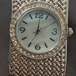 FMD WS096 Opal Dial Watch — Rhinestones, Wide Spring Bracelet, Like New